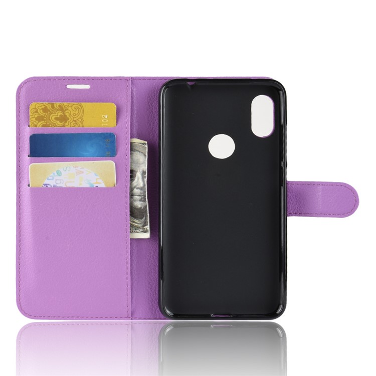 Litchi Texture Wallet Stand Leather Cellphone Protective Case for Xiaomi Redmi Note 6 Pro - Purple-3