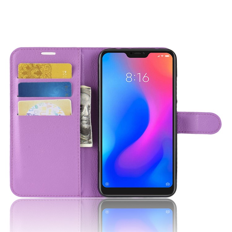Litchi Texture Wallet Stand Leather Cellphone Protective Case for Xiaomi Redmi Note 6 Pro - Purple-4