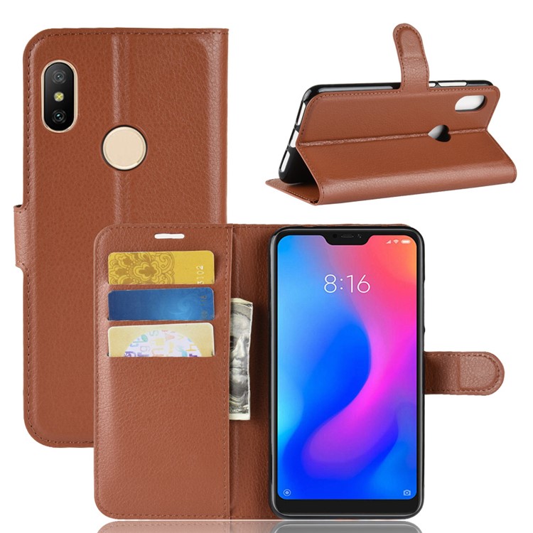 Litchi Texture Wallet Stand Leather Protection Phone Cover for Xiaomi Redmi Note 6 Pro - Brown-1