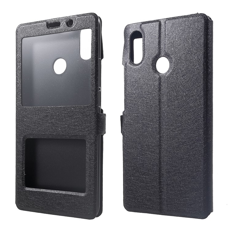 For Xiaomi Mi Max 3 Silk Texture Dual Window Leather Stand Protective Case - Black-1