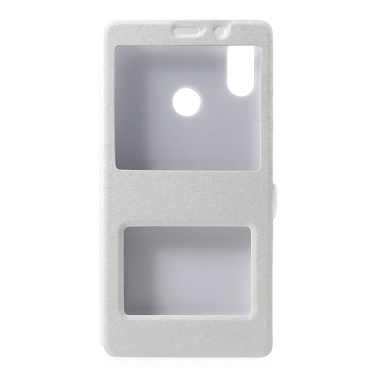For Xiaomi Mi Max 3 Silk Texture Dual Window Leather Stand Protective Casing - White-1