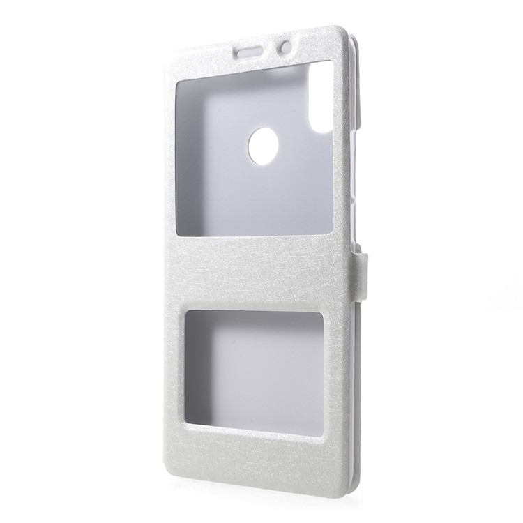 For Xiaomi Mi Max 3 Silk Texture Dual Window Leather Stand Protective Casing - White-2