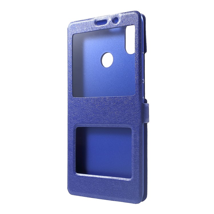 For Xiaomi Mi Max 3 Silk Texture Dual Window Leather Stand Cellphone Case - Blue-2