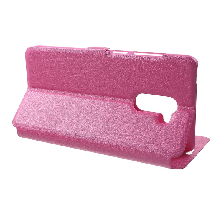 For Xiaomi Pocophone F1 / Poco F1 (India) Silk Texture Dual Window Leather Stand Cellphone Cover - Rose-4