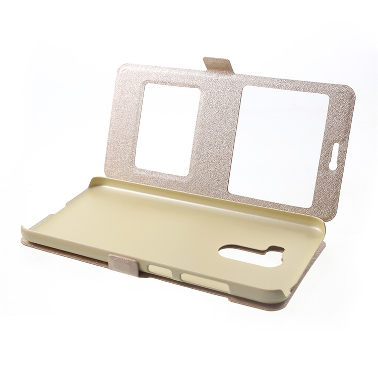 For Xiaomi Pocophone F1 / Poco F1 (India) Silk Texture Dual Window Leather Stand Mobile Cover - Gold-5