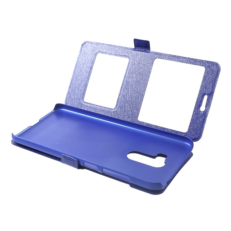 For Xiaomi Pocophone F1 / Poco F1 (India) Silk Texture Dual Window Leather Stand Mobile Phone Case - Blue-5
