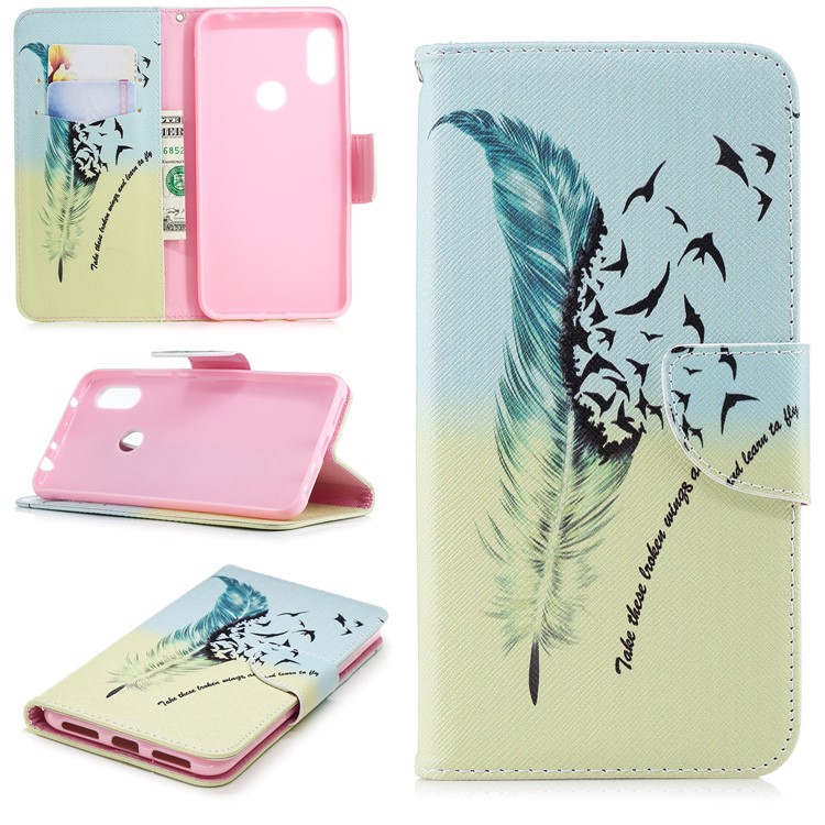 Pattern Printing Card Holder Leather Flip Cover with Stand for Xiaomi Redmi Note 6 Pro - Feather Pattern-1