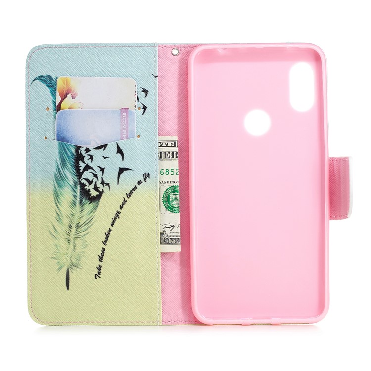 Pattern Printing Card Holder Leather Flip Cover with Stand for Xiaomi Redmi Note 6 Pro - Feather Pattern-13