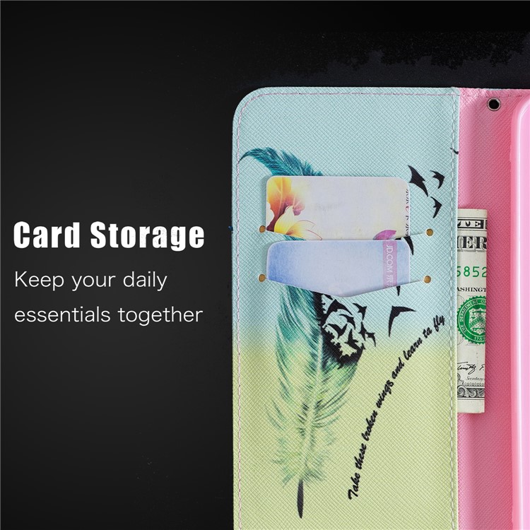 Pattern Printing Card Holder Leather Flip Cover with Stand for Xiaomi Redmi Note 6 Pro - Feather Pattern-4
