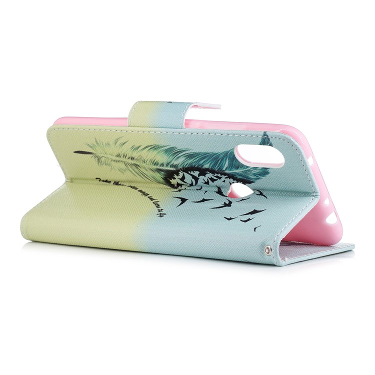 Pattern Printing Card Holder Leather Flip Cover with Stand for Xiaomi Redmi Note 6 Pro - Feather Pattern-9
