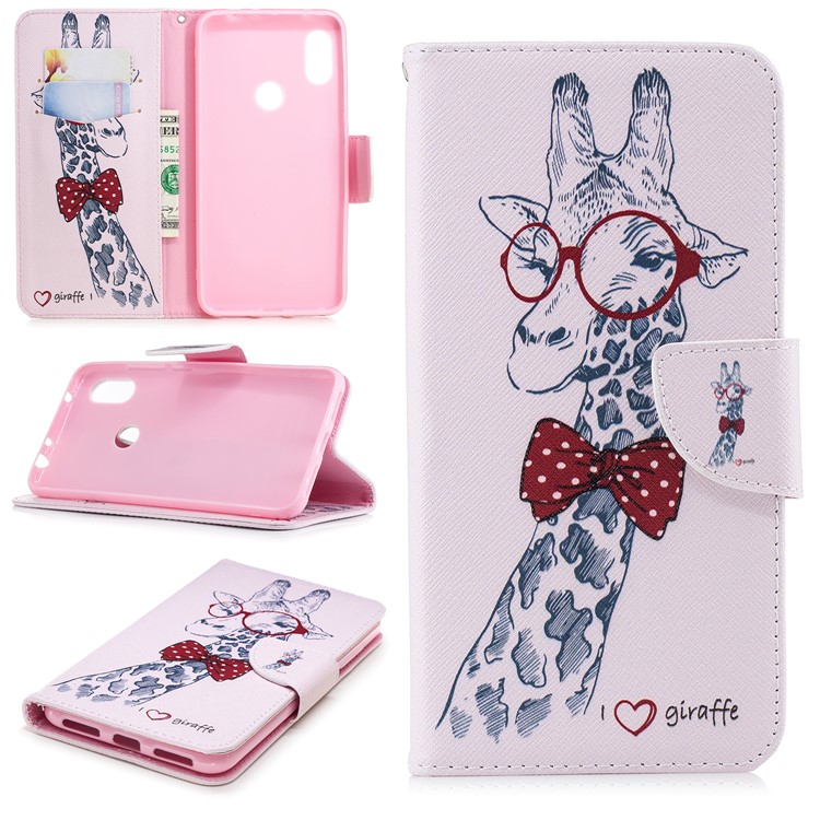 For Xiaomi Redmi Note 6 Pro Patterned Leather Wallet Phone Case Cover with Stand - Giraffe Wearing Glasses-1