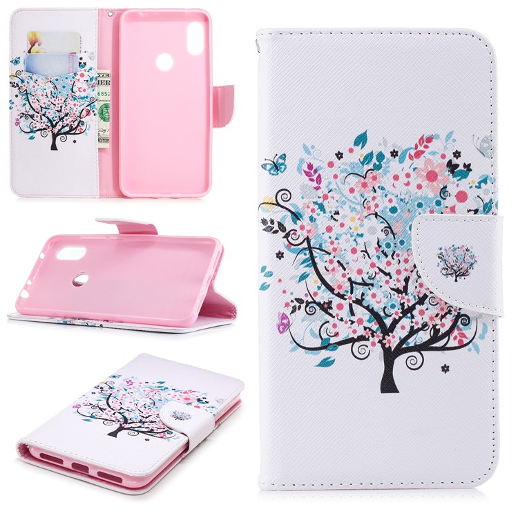 Pattern Printing Leather Case Cover with Card Holders for Xiaomi Redmi Note 6 Pro - Flowered Tree-1