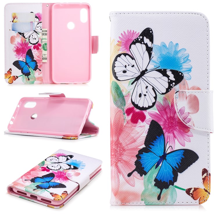 Pattern Printing Card Holder Leather Case Cover with Stand for Xiaomi Redmi Note 6 Pro - Butterflies and Flowers-1