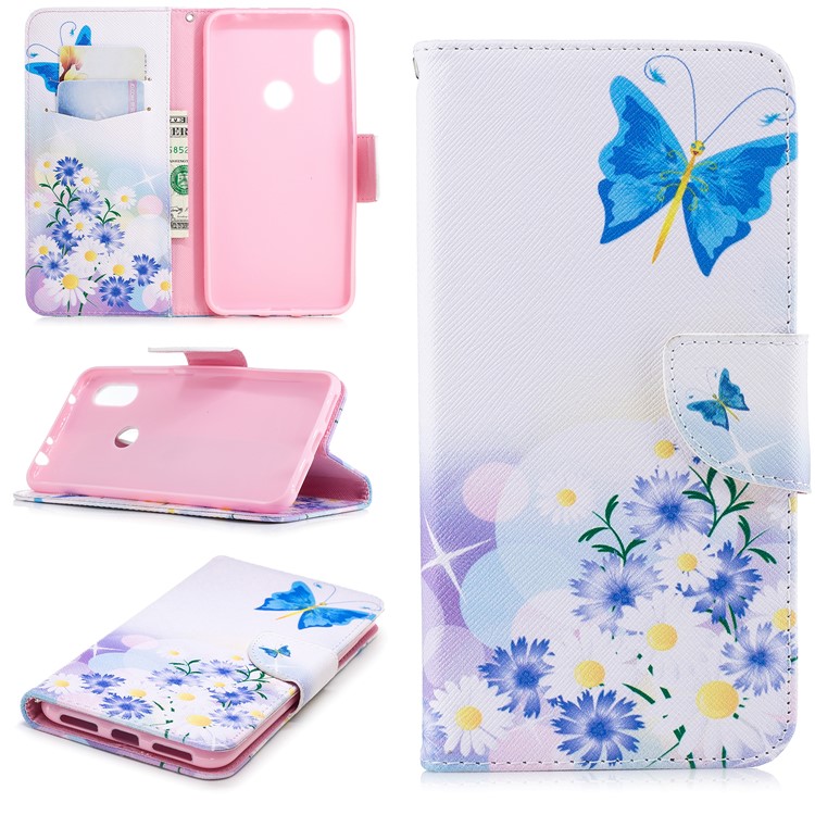Patterned Leather Wallet Protector Mobile Cover with Stand for Xiaomi Redmi Note 6 Pro - Blue Butterfles-1
