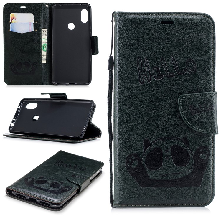 Imprinted Hello Panda PU Leather Magnetic Wallet Phone Shell for Xiaomi Redmi Note 6 Pro - Blackish Green-1