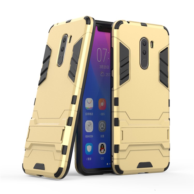 Cool Guard Plastic TPU Hybrid Mobile Cover with Kickstand for Xiaomi Pocophone F1 / Poco F1 (India) - Gold-1