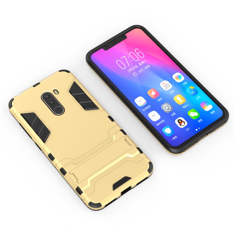 Cool Guard Plastic TPU Hybrid Mobile Cover with Kickstand for Xiaomi Pocophone F1 / Poco F1 (India) - Gold-3