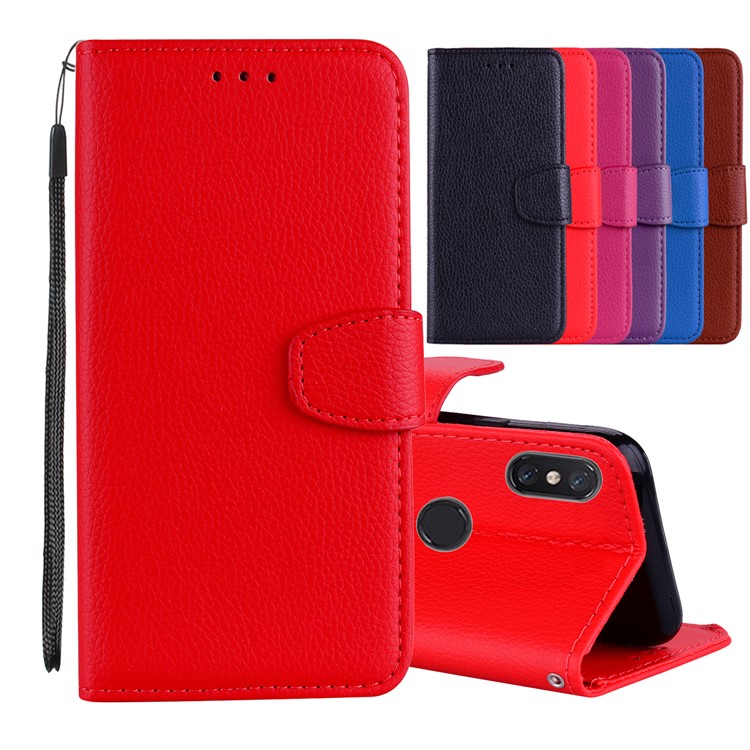 Litchi Grain PU Leather Stand Wallet Phone Cover for Xiaomi Mi A2 Lite / Redmi 6 Pro - Red-1