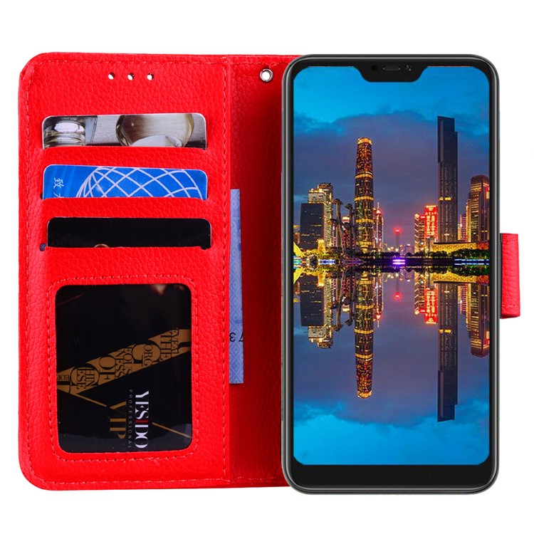 Litchi Grain PU Leather Stand Wallet Phone Cover for Xiaomi Mi A2 Lite / Redmi 6 Pro - Red-7