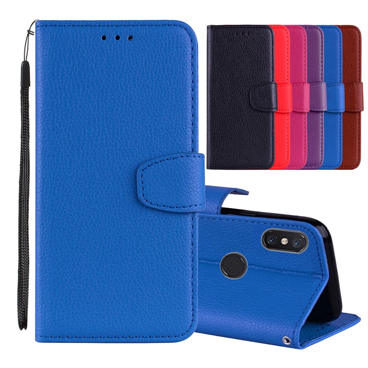 Litchi Grain PU Leather Stand Wallet Phone Casing for Xiaomi Mi A2 Lite / Redmi 6 Pro - Blue-1