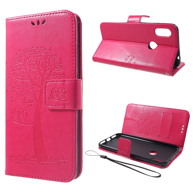 Imprint Tree Owl Magnetic Wallet PU Leather Cover with Stand for Xiaomi Redmi Note 6 - Rose-1