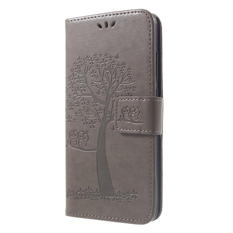 Imprint Tree Owl Magnetic Wallet PU Leather Shell with Stand for Xiaomi Redmi Note 6 Pro - Grey-3