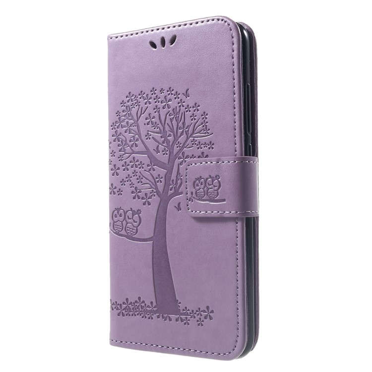 Imprint Tree Owl Magnetic Wallet PU Leather Protective Cover with Stand for Xiaomi Redmi Note 6 Pro - Light Purple-3