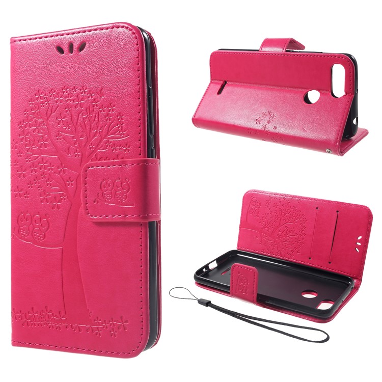 Imprint Tree Owl Wallet Stand Leather Phone Case for Xiaomi Redmi 6 (Dual Camera: 12MP+5MP) - Rose-1