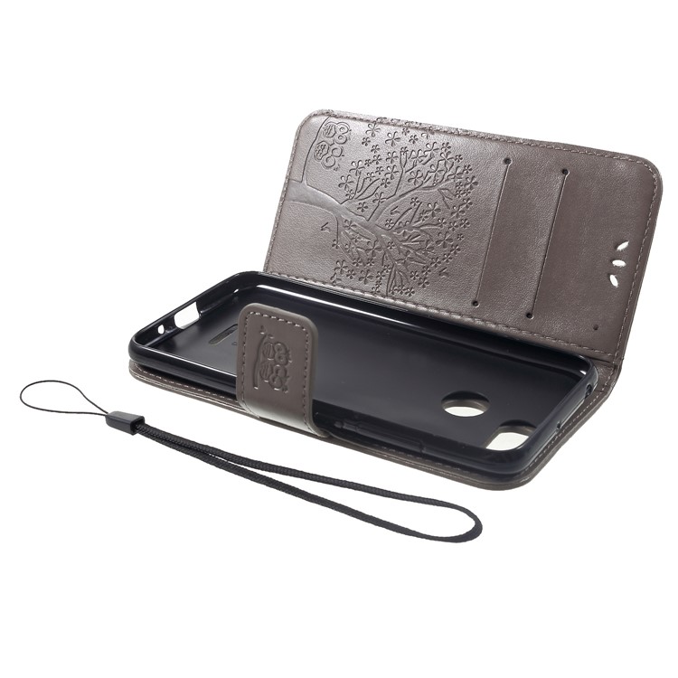 Imprint Tree Owl Wallet Leather Phone Shell with Strap for Xiaomi Redmi 6 (Dual Camera: 12MP+5MP) - Grey-5