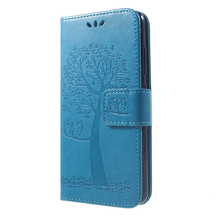 Imprint Tree Owl Wallet Stand Leather Shell with Strap for Xiaomi Redmi 6 (Dual Camera: 12MP+5MP) - Blue-3
