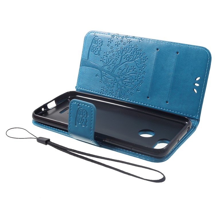 Imprint Tree Owl Wallet Stand Leather Shell with Strap for Xiaomi Redmi 6 (Dual Camera: 12MP+5MP) - Blue-5