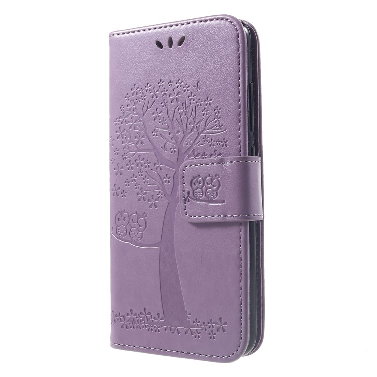 Imprint Tree Owl Wallet Stand Leather Mobile Phone Case for Xiaomi Redmi 6 (Dual Camera: 12MP+5MP) - Light Purple-3