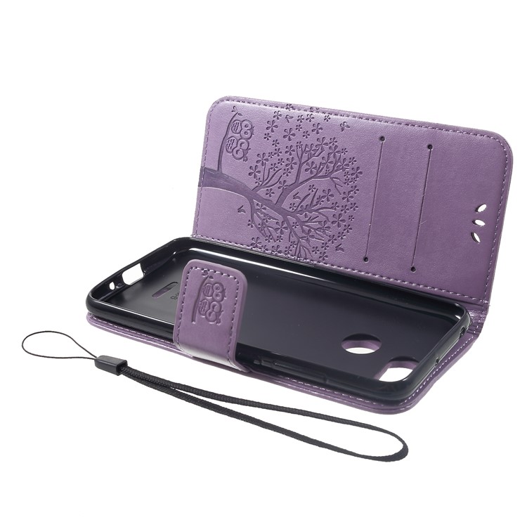 Imprint Tree Owl Wallet Stand Leather Mobile Phone Case for Xiaomi Redmi 6 (Dual Camera: 12MP+5MP) - Light Purple-5