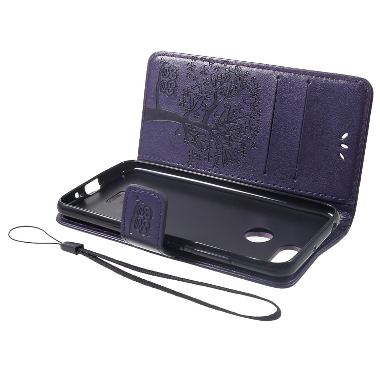 Imprint Tree Owl Flip Leather Wallet Case Shell for Xiaomi Redmi 6 (Dual Camera: 12MP+5MP) - Dark Purple-5