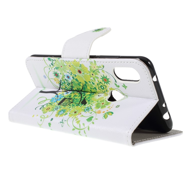 Patterned Cross Texture Wallet Stand PU Leather Phone Shell for Xiaomi Redmi Note 6 Pro- Green Tree-5