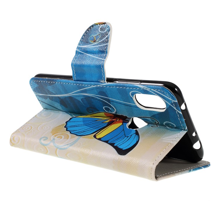 Patterned Cross Texture Wallet Stand PU Leather Mobile Phone Case for Xiaomi Redmi Note 6 Pro- Blue Butterfly-5