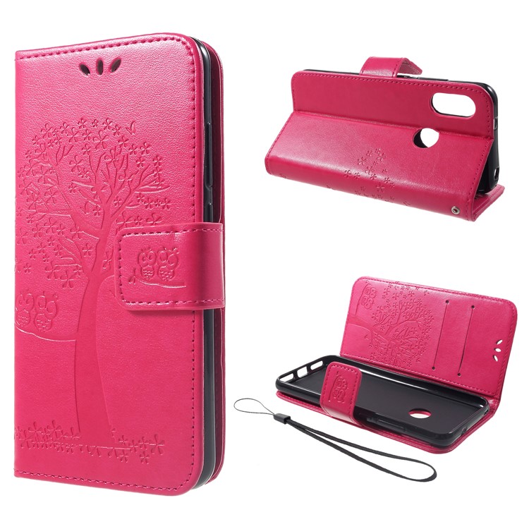 Imprint Tree Owl Leather Wallet Case with Wrist Strap for Xiaomi Mi A2 Lite / Redmi 6 Pro - Rose-1