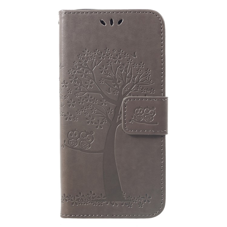 Imprint Tree Owl Leather Shell with Wallet Stand for Xiaomi Mi A2 Lite / Redmi 6 Pro - Grey-1