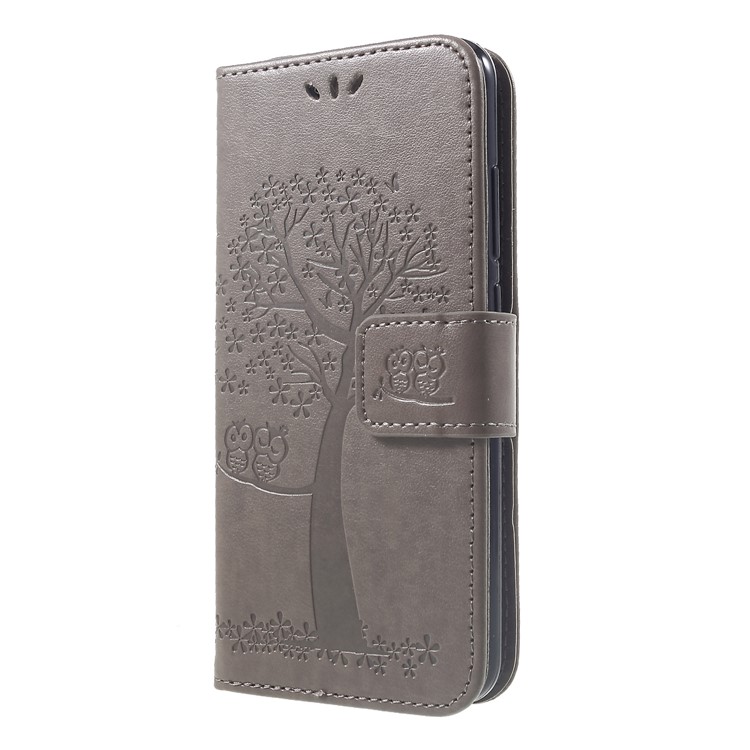 Imprint Tree Owl Leather Shell with Wallet Stand for Xiaomi Mi A2 Lite / Redmi 6 Pro - Grey-3