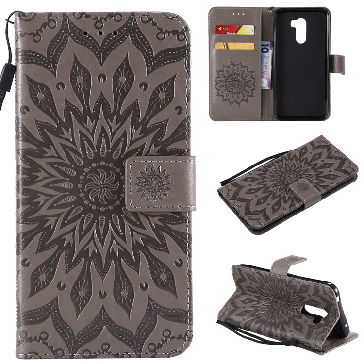 Leather Wallet Case for Xiaomi Pocophone F1 / Poco F1 (India) | Imprint Sunflower | Stand - Grey-1