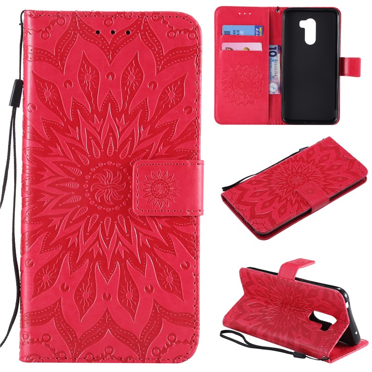 Leather Wallet Cover for Xiaomi Pocophone F1 / Poco F1 (India) | Imprint Sunflower | Stand - Red-1