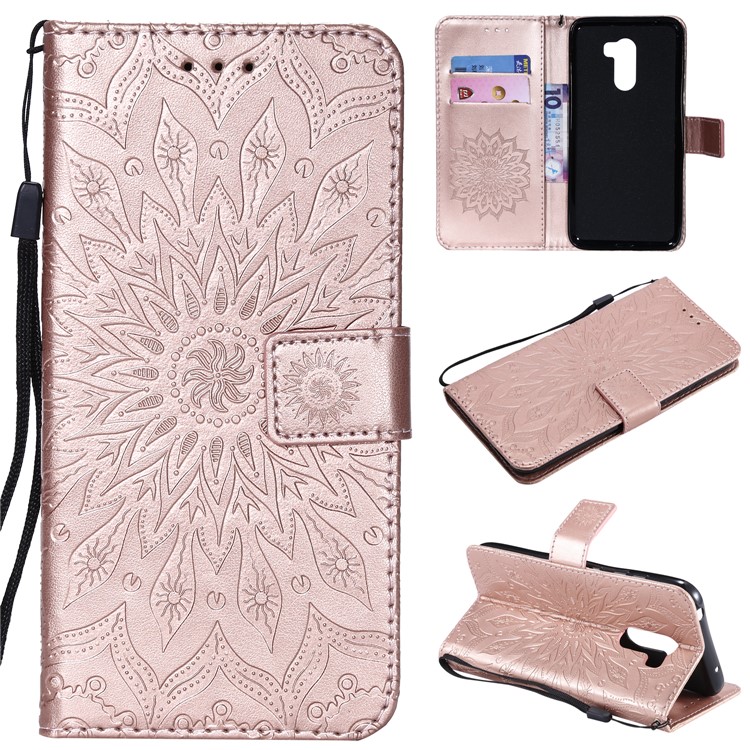 Leather Wallet Protective Cover for Xiaomi Pocophone F1 / Poco F1 (India) | Imprint Sunflower | Stand - Rose Gold-1