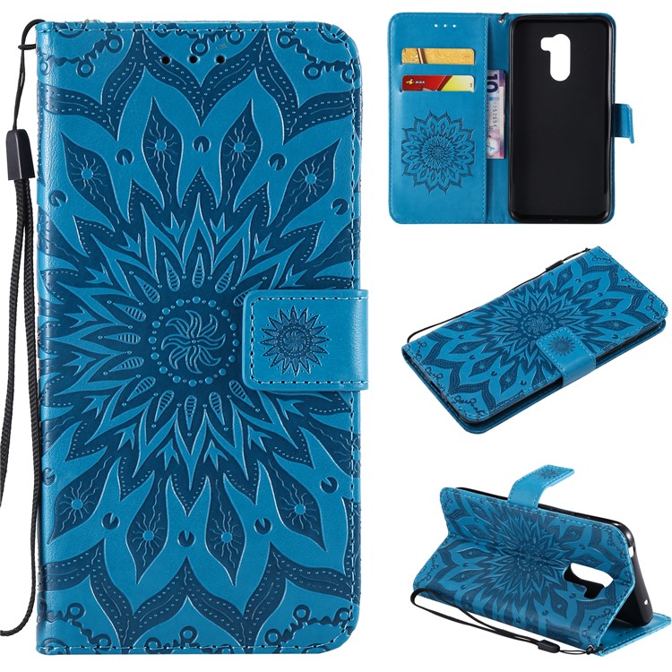 Leather Wallet Mobile Cover for Xiaomi Pocophone F1 / Poco F1 (India) | Imprint Sunflower | Stand - Blue-1