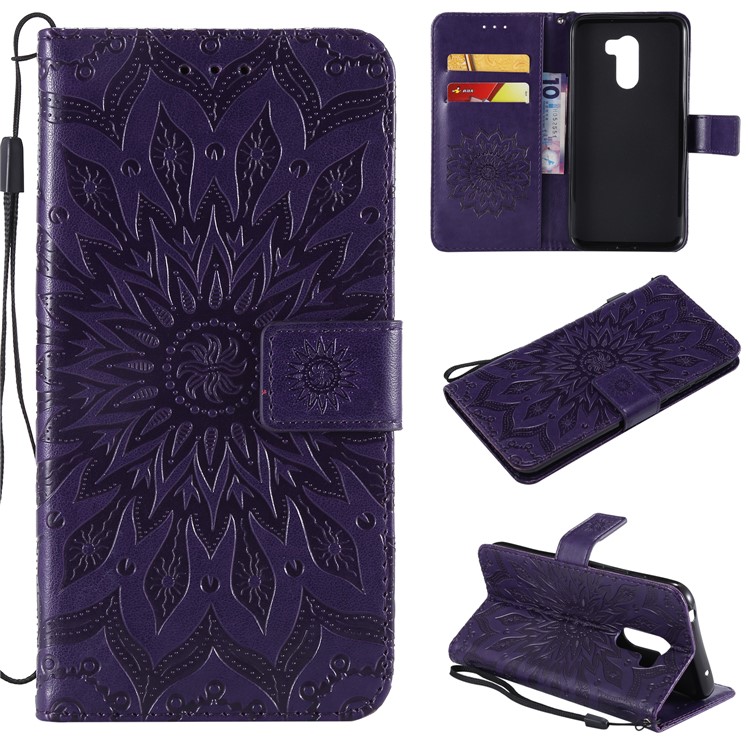 Leather Wallet Cell Phone Case for Xiaomi Pocophone F1 / Poco F1 (India) | Imprint Sunflower | Stand - Purple-1