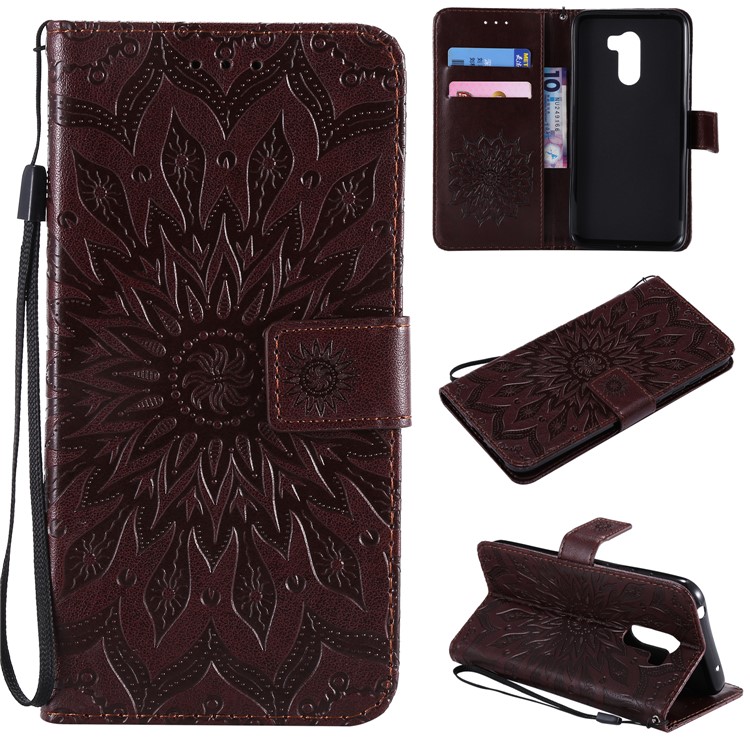 Leather Wallet Mobile Phone Casing for Xiaomi Pocophone F1 / Poco F1 (India) | Imprint Sunflower | Stand - Brown-1