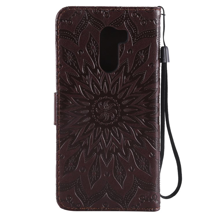 Leather Wallet Mobile Phone Casing for Xiaomi Pocophone F1 / Poco F1 (India) | Imprint Sunflower | Stand - Brown-3