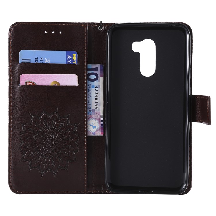 Leather Wallet Mobile Phone Casing for Xiaomi Pocophone F1 / Poco F1 (India) | Imprint Sunflower | Stand - Brown-4