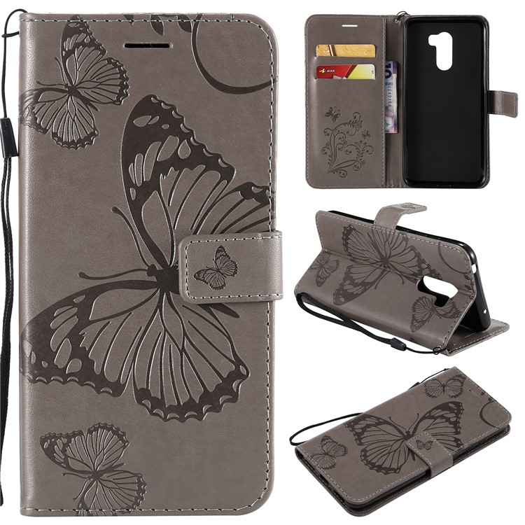 Imprint Butterfly Flower Leather Wallet Magnetic Stand Cover for Xiaomi Pocophone F1 / Poco F1 (India) - Grey-1