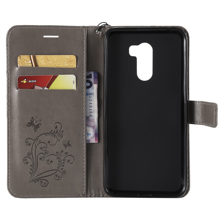 Imprint Butterfly Flower Leather Wallet Magnetic Stand Cover for Xiaomi Pocophone F1 / Poco F1 (India) - Grey-4