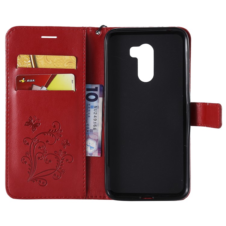 Imprint Butterfly Flower Leather Wallet Magnetic Stand Case for Xiaomi Pocophone F1 / Poco F1 (India) - Red-4